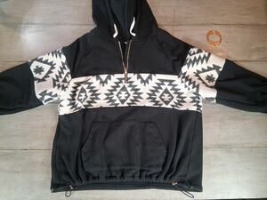 Mainstrip Aztec Ethinic Quarterzip Pullover Hoodie Size Large Cinch Waist